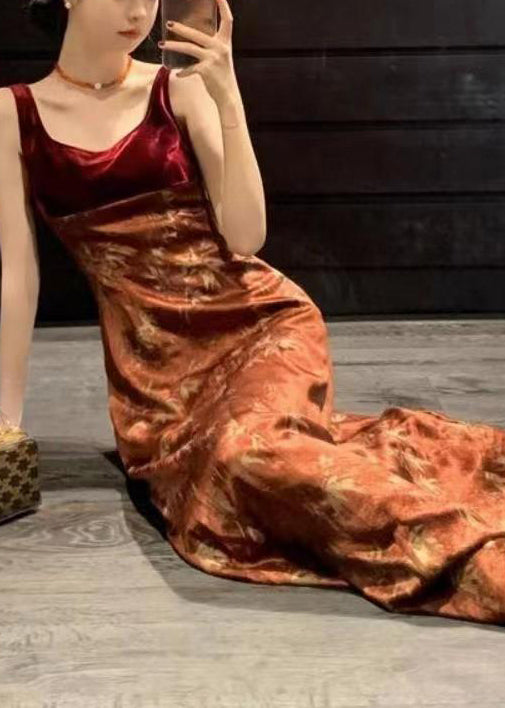 Slim Red Print High Waist Silk Long Dress Sleeveless Zl073