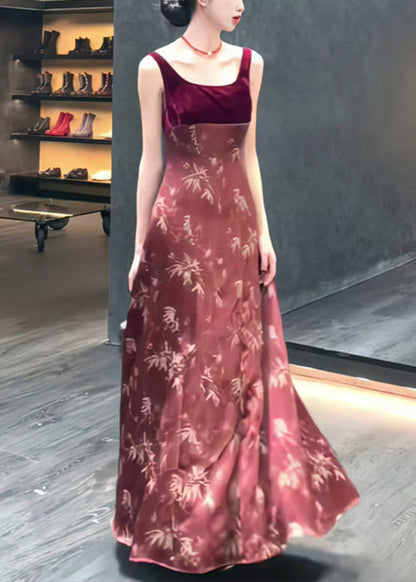 Slim Red Print High Waist Silk Long Dress Sleeveless Zl073