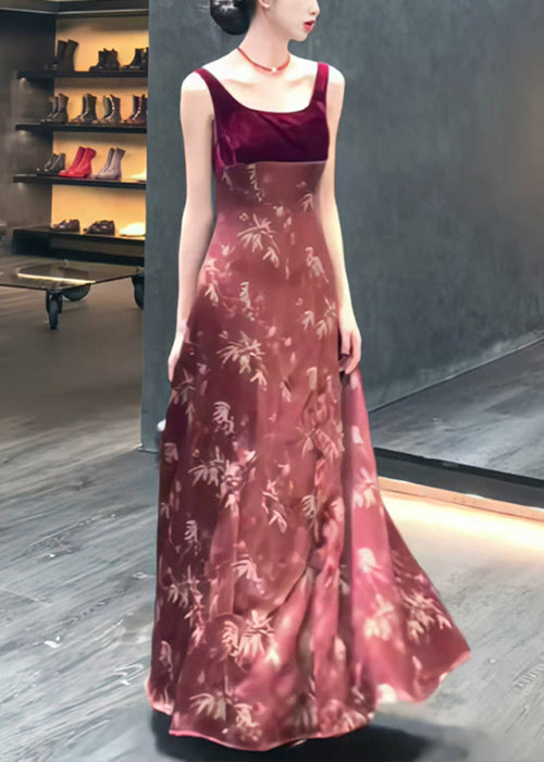 Slim Red Print High Waist Silk Long Dress Sleeveless Zl073