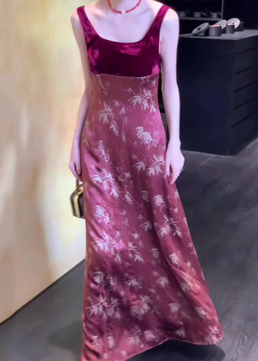 Slim Red Print High Waist Silk Long Dress Sleeveless Zl073