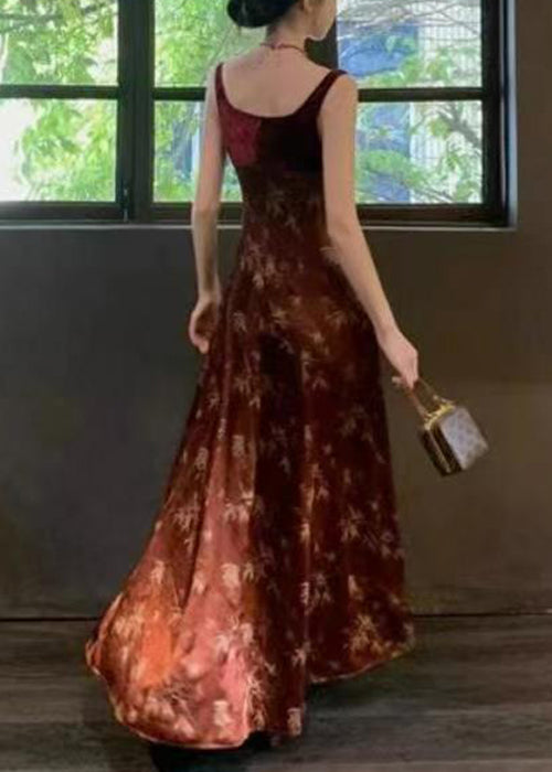 Slim Red Print High Waist Silk Long Dress Sleeveless Zl073