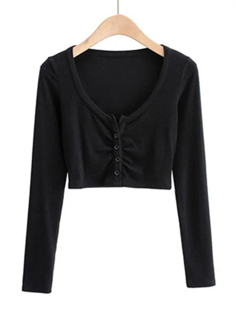 Slim V-neck Long Sleeve Bottomed Tops and Blouses High Street Color Open Navel Cardigan