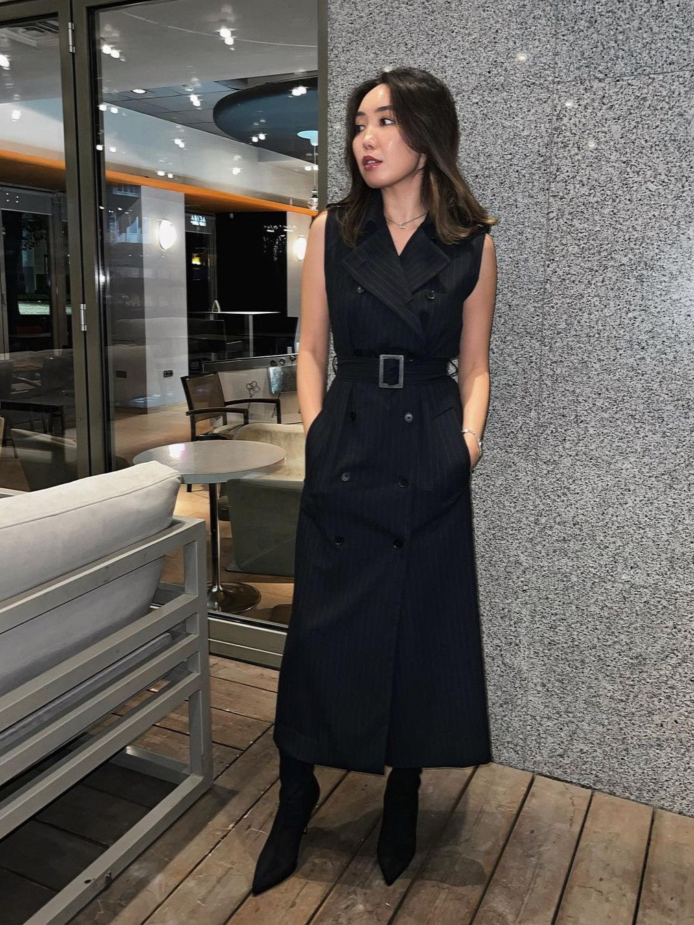 Striped Sleeveless Midi Dress With Belt