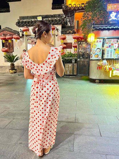 Polka Dot Ruffle Tie Back Midi Dress