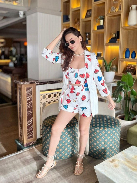 Heart Print Cami Top & Shorts With Long Blazer 3 Piece Coord Set