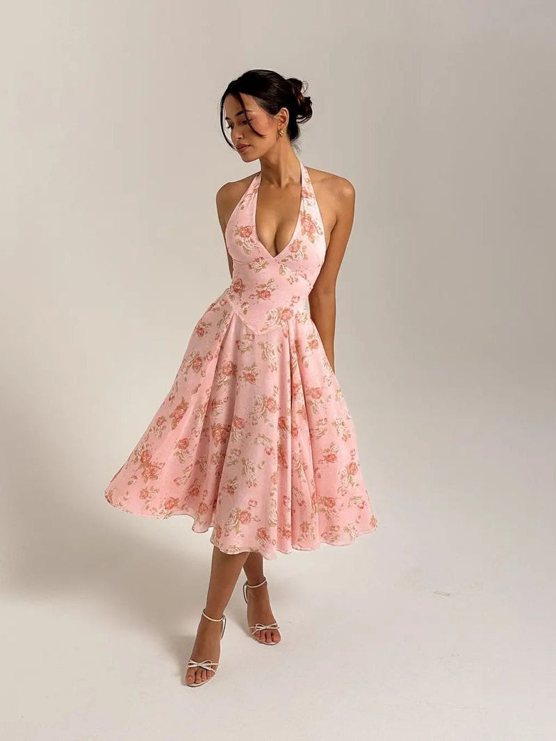 Print V Neck Halter French Midi Dress