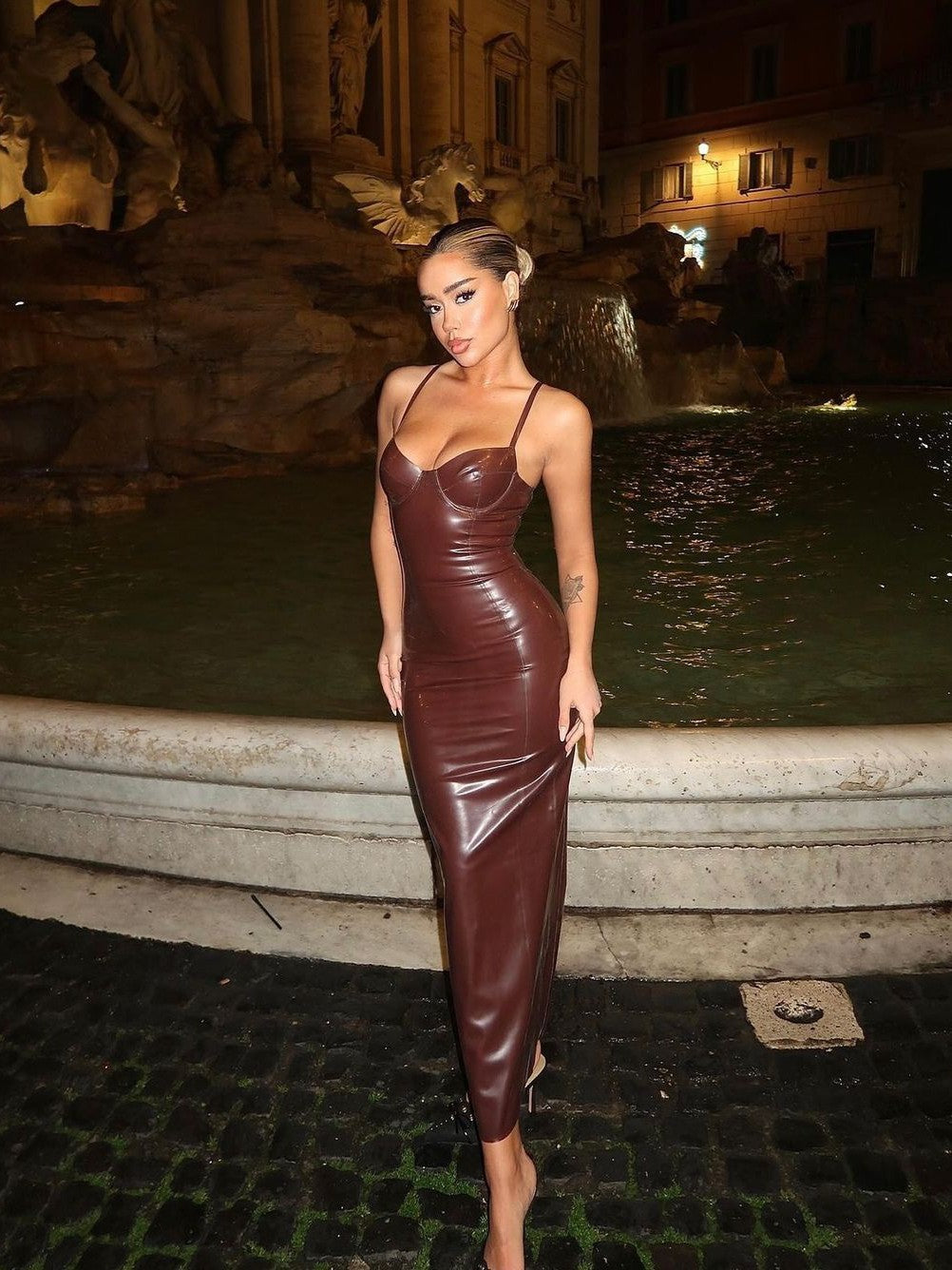 Pu Leather Spaghetti Strap Slit Maxi Dress