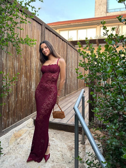 Spaghetti Strap See Through Lace Maxi Dress