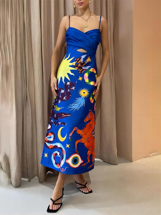Summer Satin Backless Printed Sleeveless Midi Dress