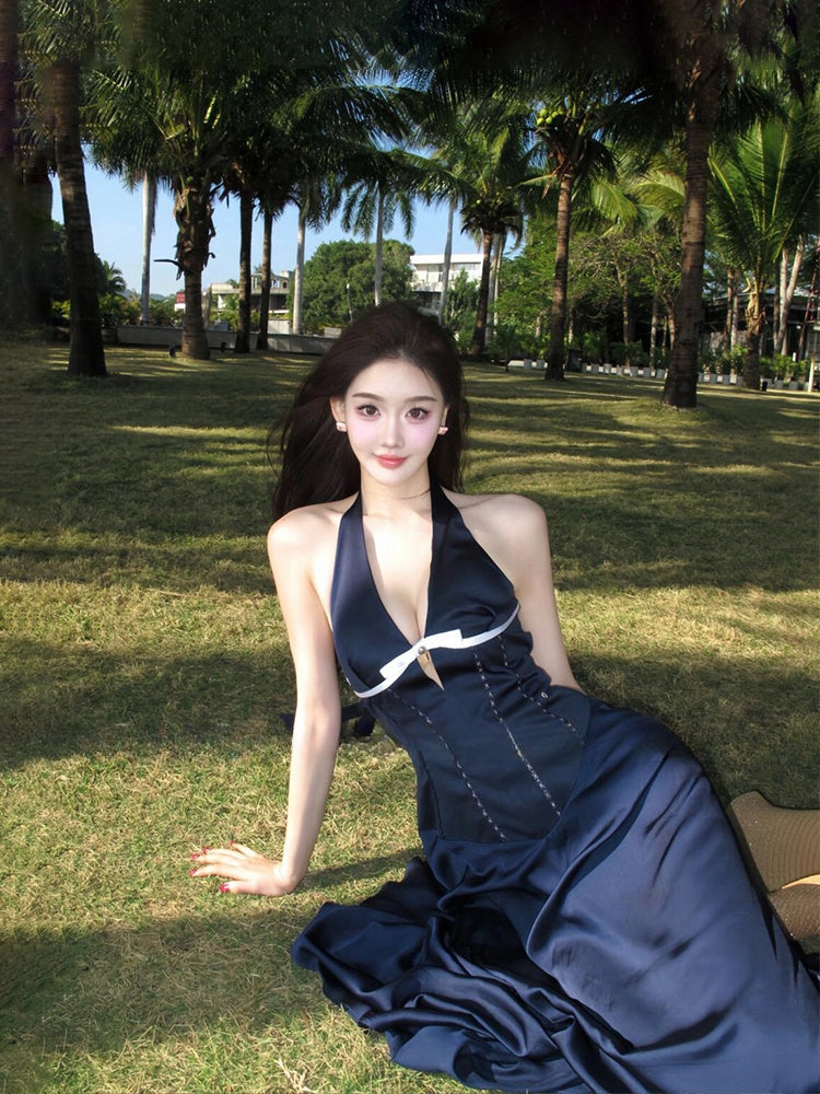 French Blue Halter Maxi Dress V-neck Cutout Bow-tie Backless Beach Dress