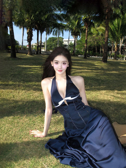 French Blue Halter Maxi Dress V-neck Cutout Bow-tie Backless Beach Dress