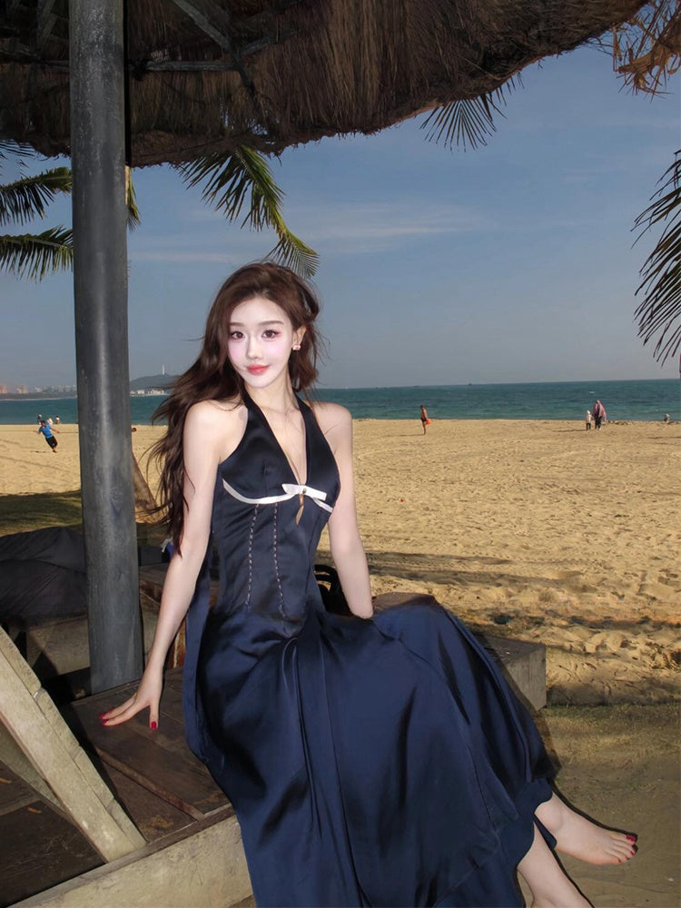 French Blue Halter Maxi Dress V-neck Cutout Bow-tie Backless Beach Dress