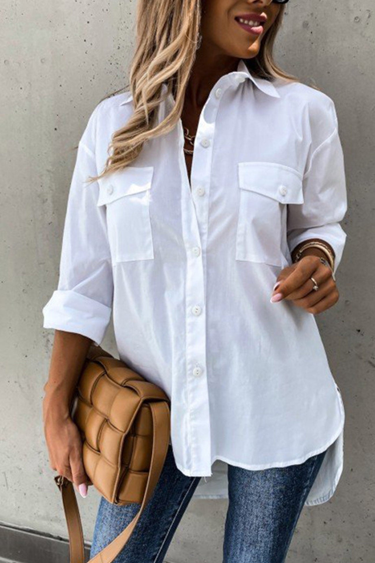 Button-down High Low Hem Blouse