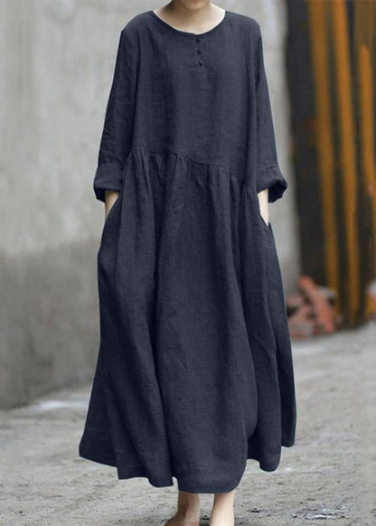 Color Black Cotton Linen Long Sleeve Swing Long Dress Lc0008