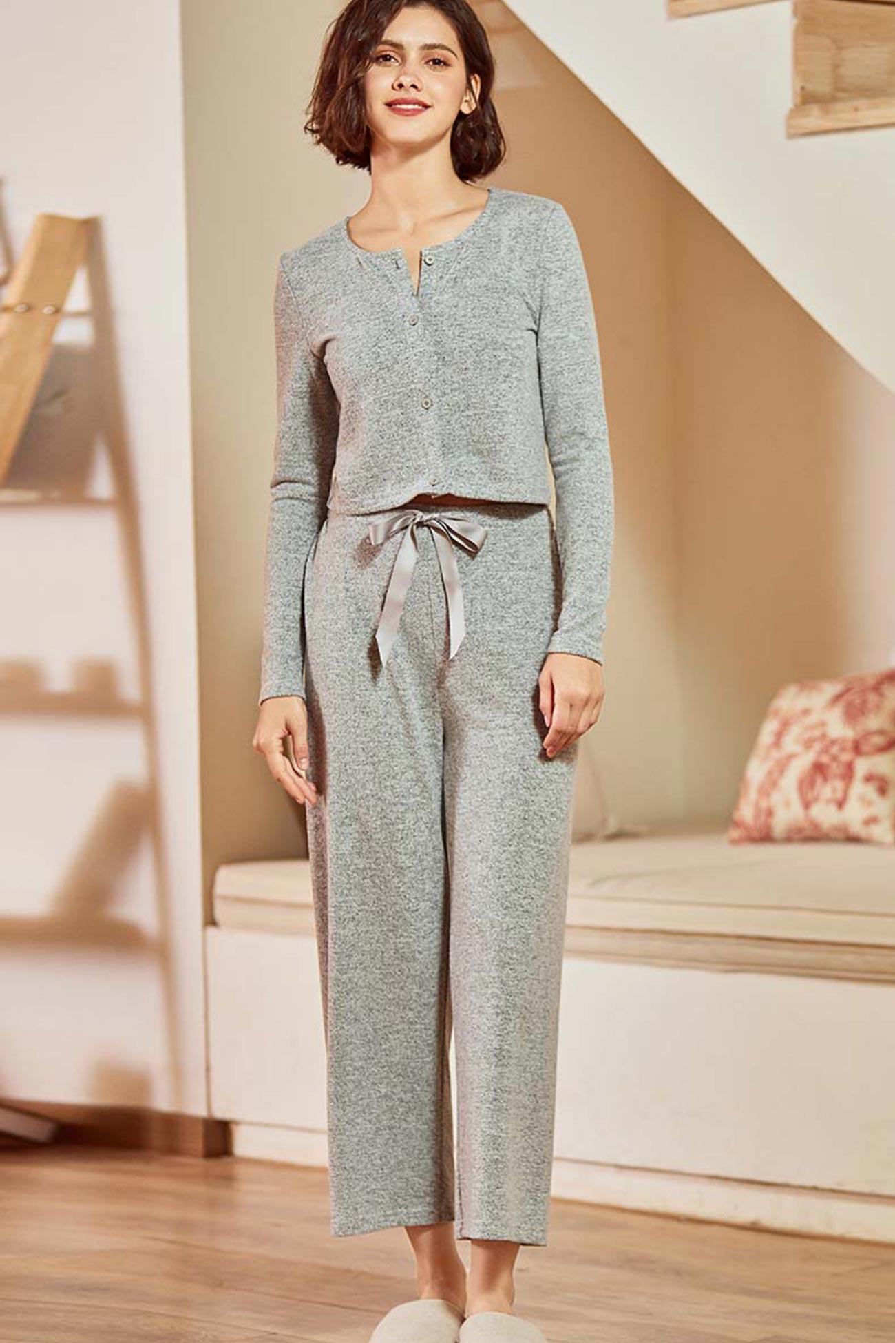 Color Cardigan Long Pants Loungewear Three-piece Outfit