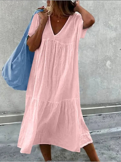 Color Cotton Linen Midi Dresses V-neck Short Sleeves Loose Dress Simple Style Lady Commuting Vestidos