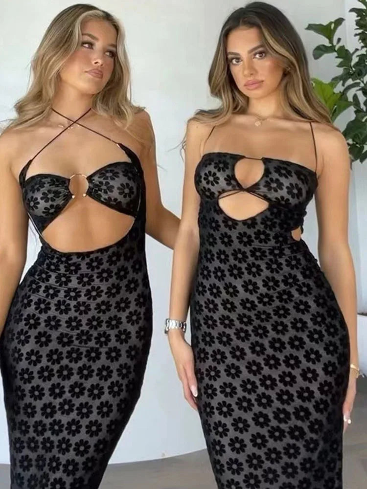 Color Hanging Neck Hollow Perspective Bag Hips Midi Dresses