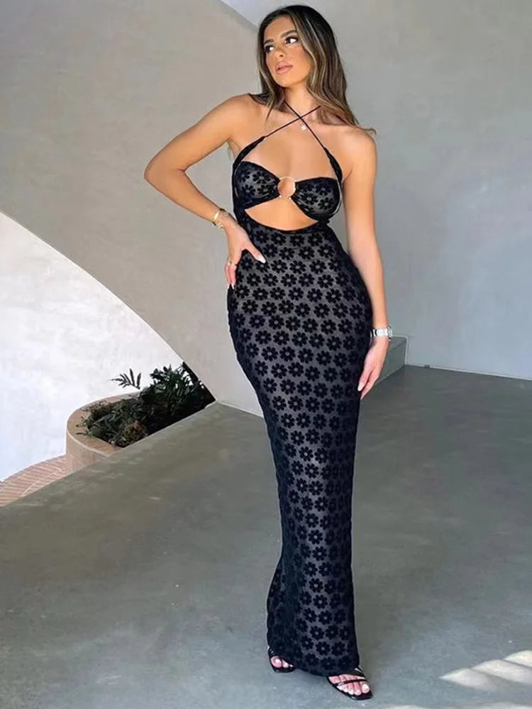 Hanging Neck Maxi Hollow Perspective Bag Hips Midi Dresses