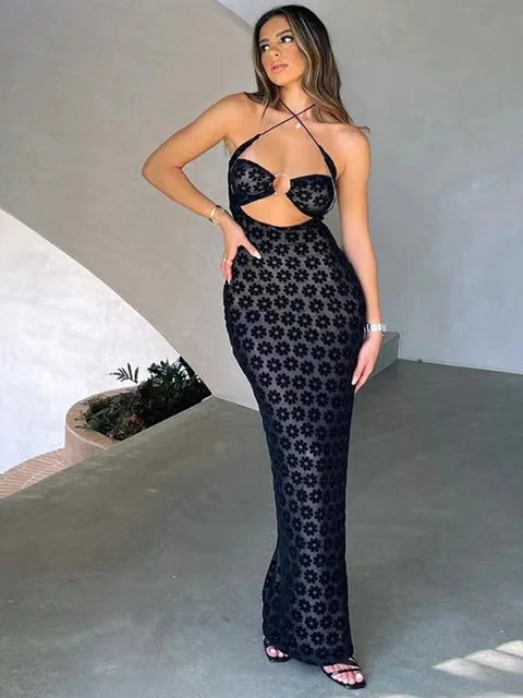 Color Hanging Neck Maxi Dress Hollow Perspective Bag Hips Robe Female Street Dresses Clothing