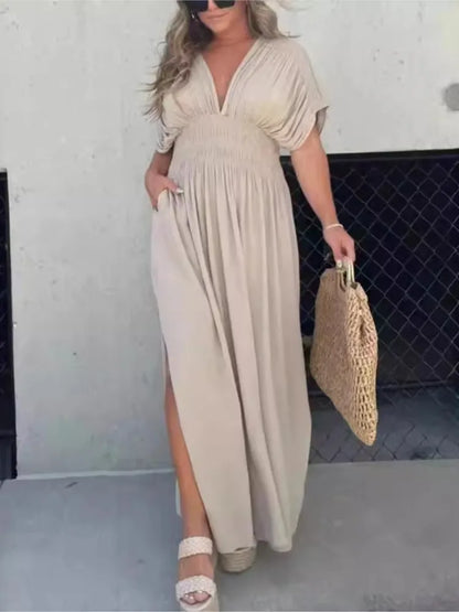 Color Long Dresses Summer New V-neck Backless Leace-up Bat Sleeve Slit Dress Beach Vacation Vestidos