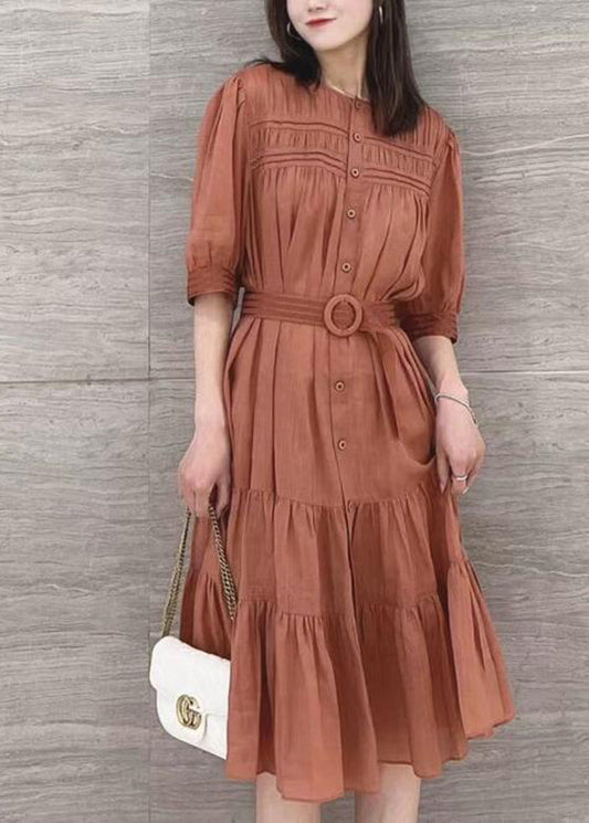 Color Stand Collar Puff Sleeve Belted Pleated Shirt Maxi Dress Orange Lc0026