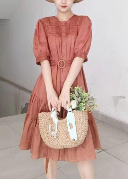 Color Stand Collar Puff Sleeve Belted Pleated Shirt Maxi Dress Orange Lc0026
