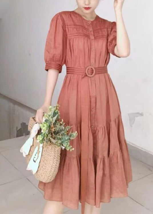 Color Stand Collar Puff Sleeve Belted Pleated Shirt Maxi Dress Orange Lc0026