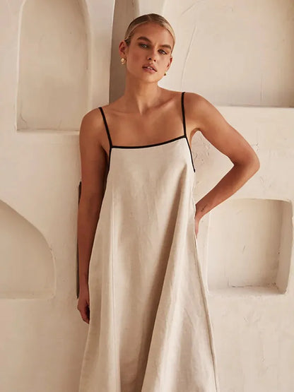 Cotton Linen Sling Dress Summer Backless Sleeveless Slip Long Dresses Lady Loose Maxi Dress