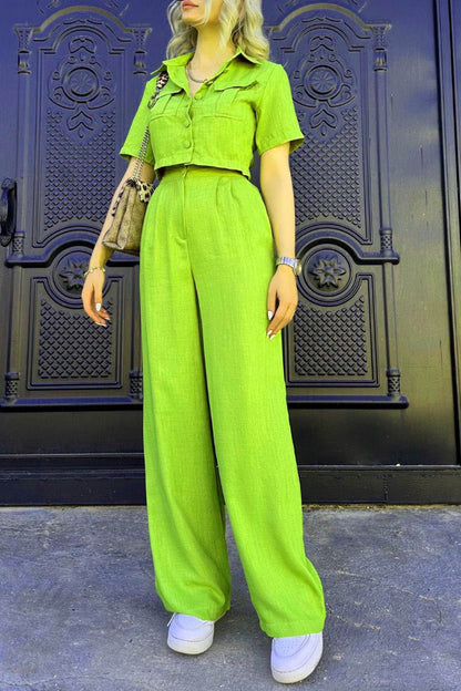 Crop Blouse Long Pants Set