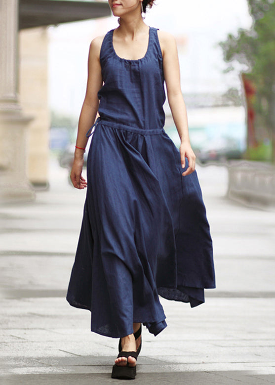 Drawstring Ruched Sleeveless Maxi Dress Navy Lc0044