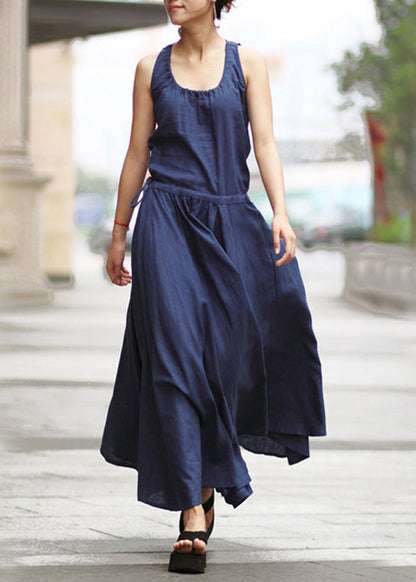 Drawstring Ruched Sleeveless Maxi Dress Navy Lc0044