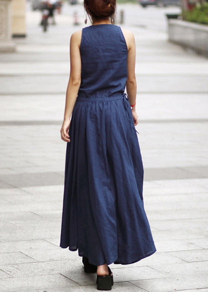 Drawstring Ruched Sleeveless Maxi Dress Navy Lc0044