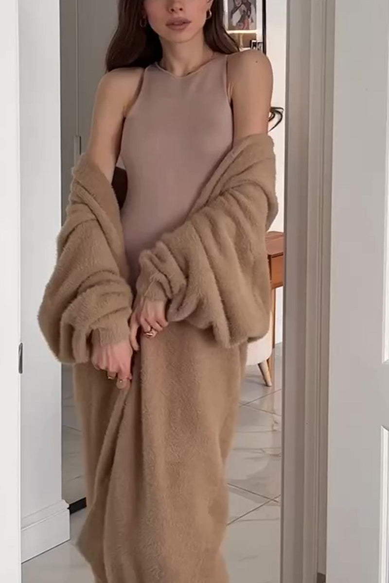 Imitation Mink Tie-up Long Cardigan