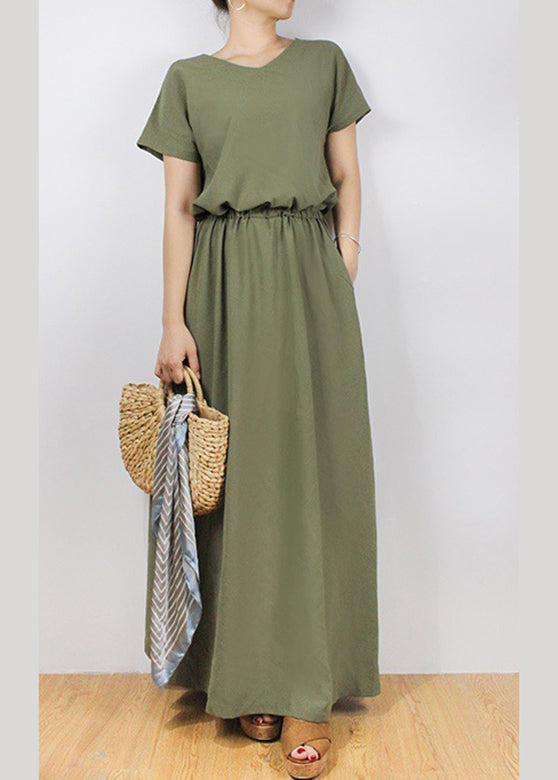 Sash Elastic Waist Short Sleeve Maxi Dress Green Lc0023