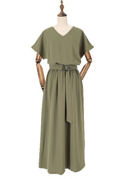 Sash Elastic Waist Short Sleeve Maxi Dress Green Lc0023