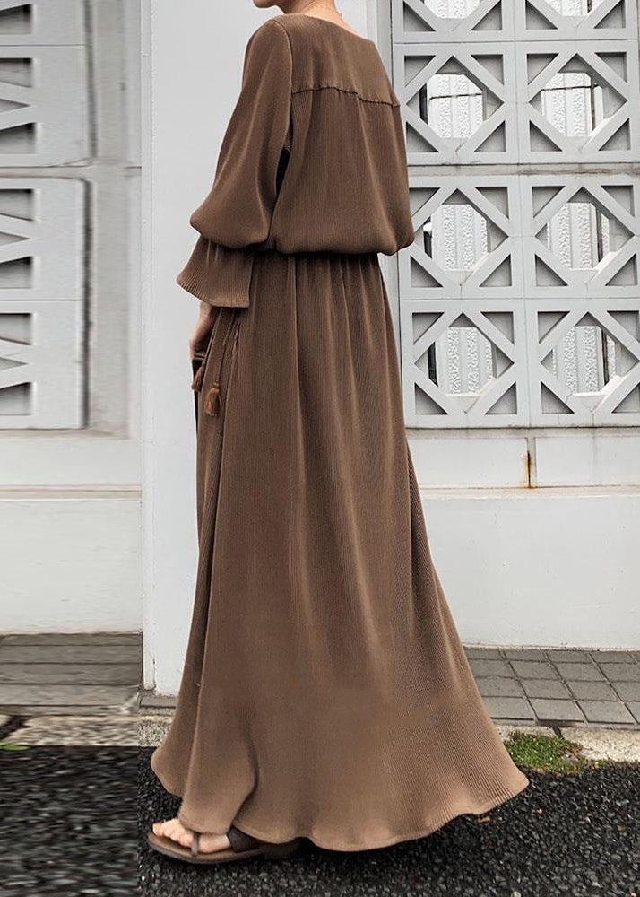 Split Long Sleeve Round Neck Maxi Dress Chocolate Lc0024