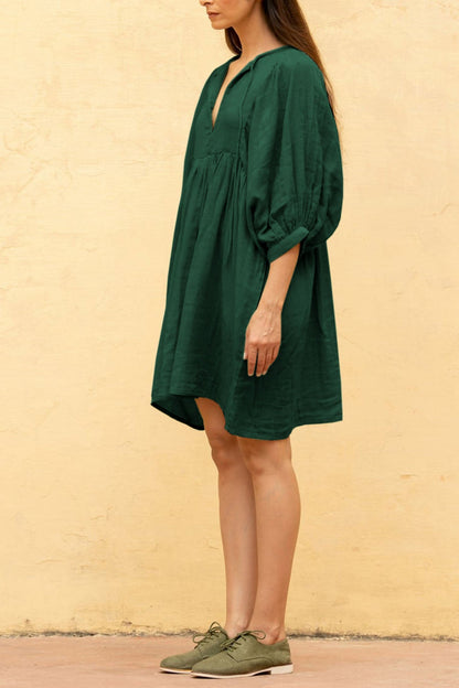 Color Lantern Sleeve V Neck Mini Dress