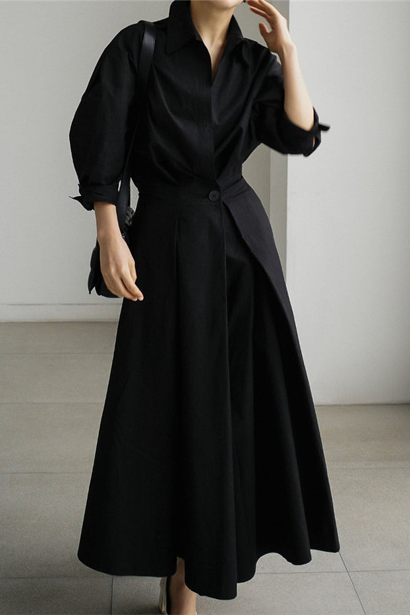 Cotton Long Sleeve A-line Shirt Midi Dress