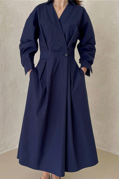 Cotton Long Sleeve A-line Shirt Midi Dress