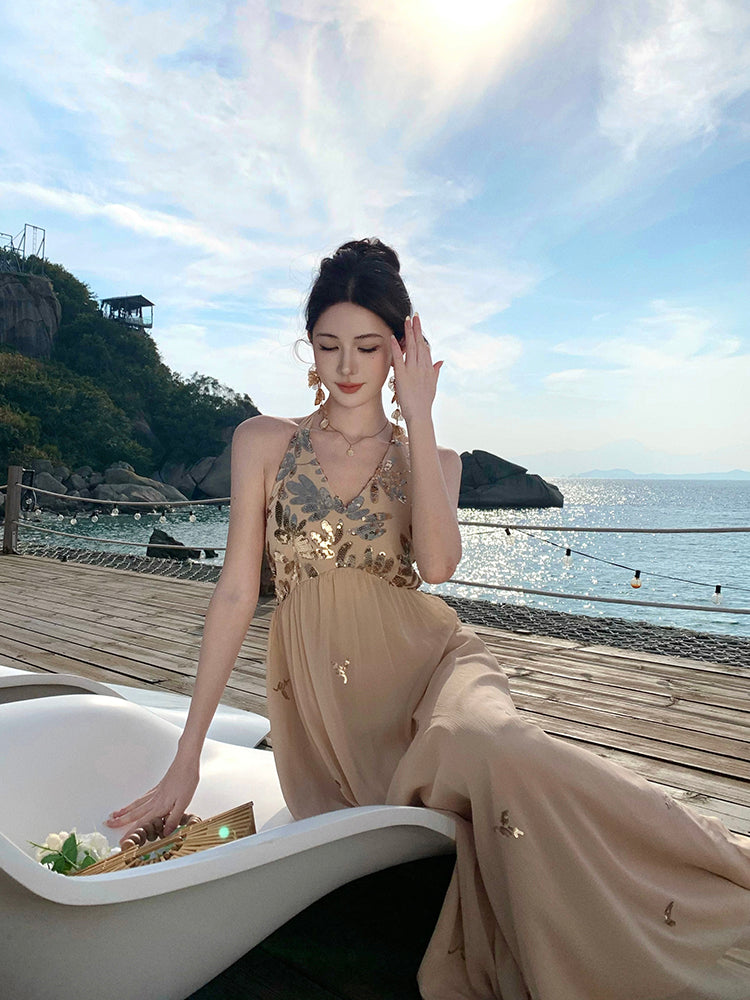 Sparkly French Halter Maxi Dress Backless Gown for Beach Vacay