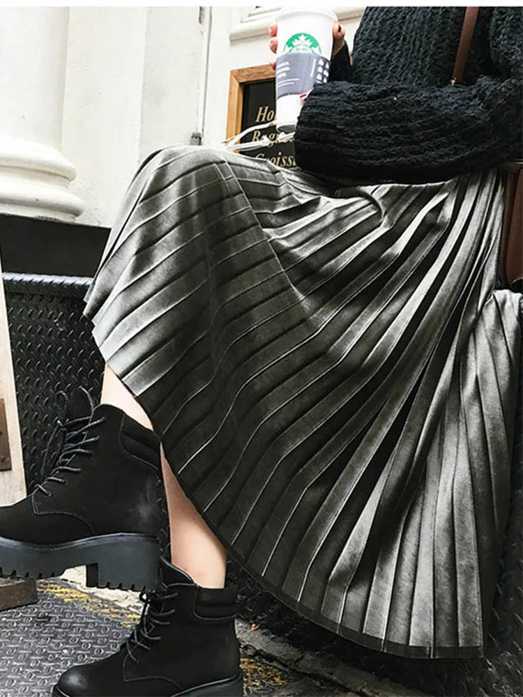 Metallic Silver Pleated High Waist Party Skirt Midi Dresses
