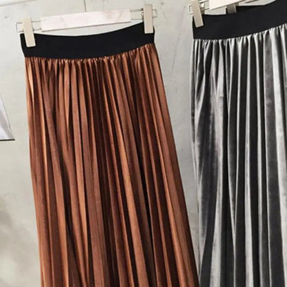 Metallic Silver Pleated High Waist Party Skirt Midi Dresses