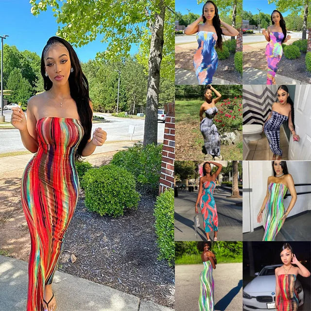 Spring and Summer Dresses for Chest Wrap Printed Off Shoulder Bandage Slim Long Dress New Party Mschuh