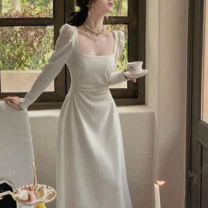 Spring Square Collar Black White Midi Dress