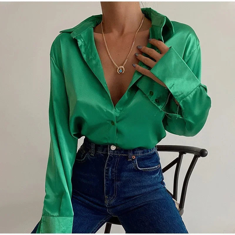 Satin Long Sleeve Blue Blouse