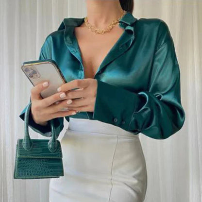 Satin Long Sleeve Blue Blouse