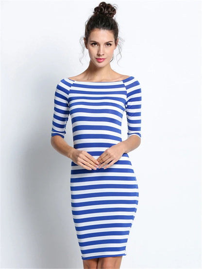 Spring Summer Woman Size Stripe Off Shoulder Long Midi Dresses