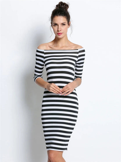 Spring Summer Woman Size Stripe Off Shoulder Long Midi Dresses