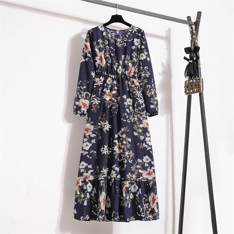 Spring Maxi Full Printed O-neck Woman Bohe Party Midi Dresses