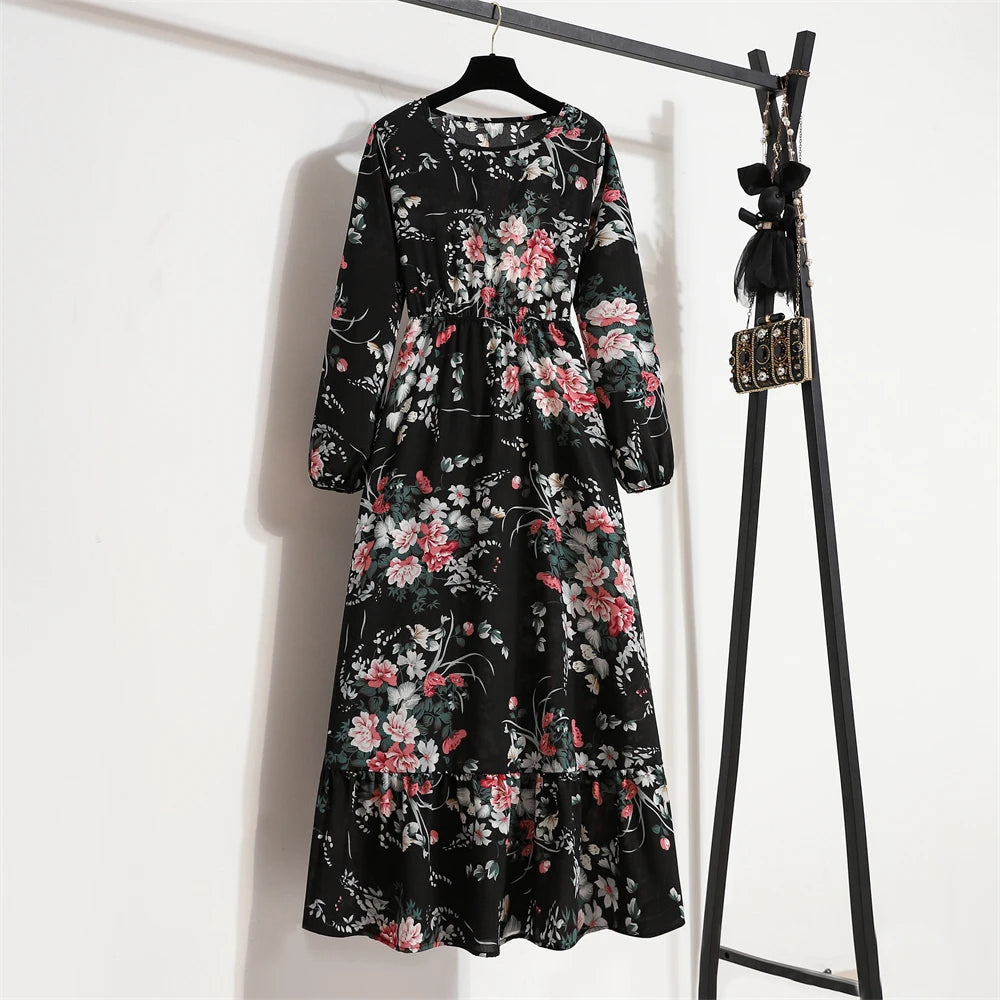 Spring Maxi Full Printed O-neck Woman Bohe Party Midi Dresses
